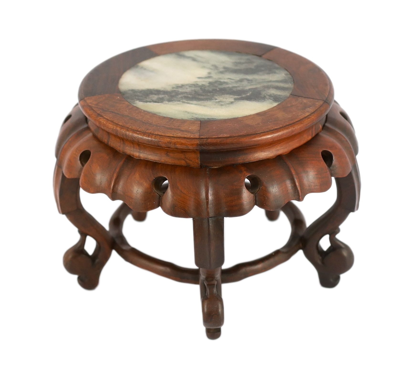 A Chinese huali and marble inset stand, 19th century, the white and grey marble inset top above a lotus petalled frieze, on five scrolled legs joined by a stretcher, 21cm wide